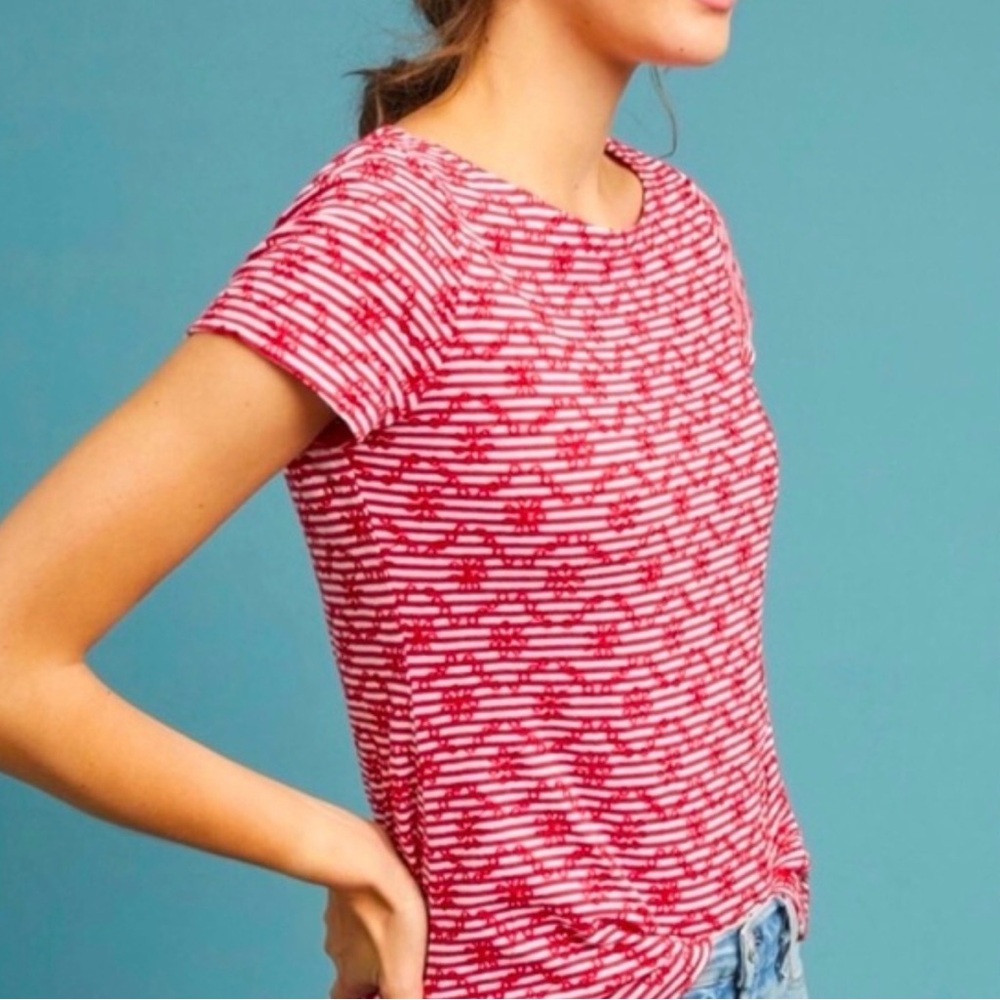 Anthropologie Red and White Patterned Short Sleeve Tee